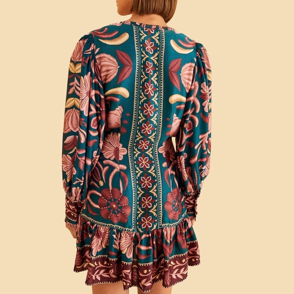 NEW FARM Rio Seashell Tapestry Teal Long Sleeve Mini Dress Floral Beaded Size M - Picture 5 of 16